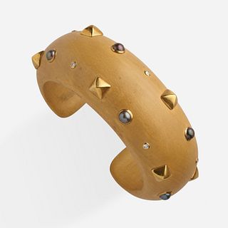 Grey cultured pearl, diamond, gold, and wood cuff bracelet