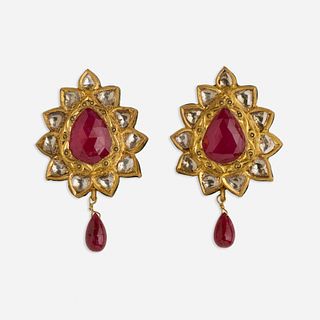 Indian ruby, diamond, and enamel earrings