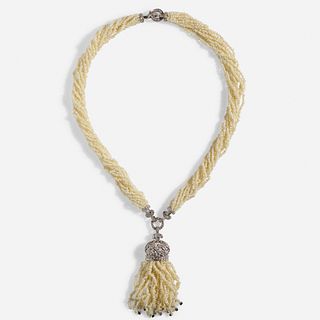 Seed pearl and diamond tassel necklace