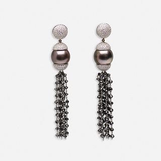 Grey cultured pearl and black diamond earrings