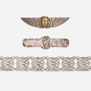 George W. Shiebler & Co., Egyptian silver bracelet and two brooches