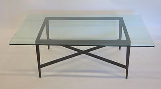 Midcentury Patinated Metal Glass Top Coffee Table