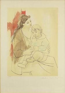 after: Pablo Picasso, Spanish (1881-1973) Color Lithograph on Arches Paper "Maternite au Rideau Rouge"