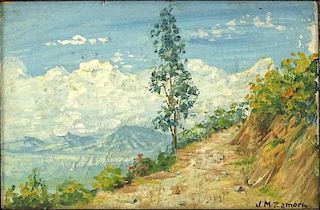 Jesús María Zamora, Colombian (1875-1949) Oil on Artist Board. "Road In The Mountains"
