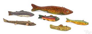 Six carved and painted fish decoys