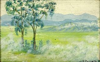 Jesús María Zamora, Colombian (1875-1949) Oil on Artist Board. "Two Trees In The Mist"
