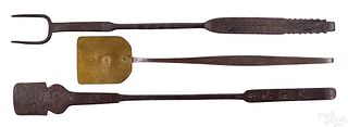 Three wrought iron and brass utensils