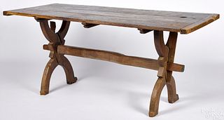 Hard pine and walnut trestle table