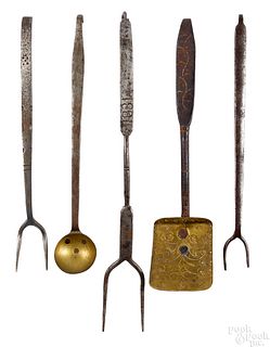 Five miniature wrought iron and brass utensils