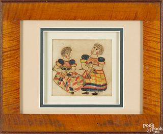 Watercolor fraktur of two girls holding doves