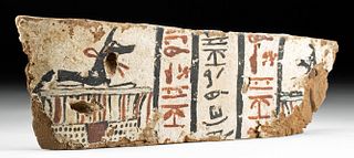 Egyptian Wood & Painted Gesso Coffin Fragment w/ Anubis