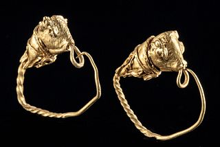 Pair of 22K+ Greek Gold Earrings w/ Bulls, 8.5 g