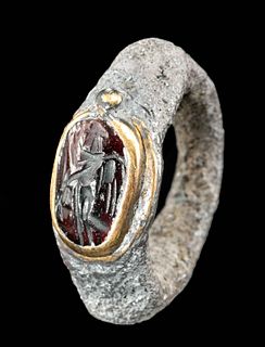 Roman Silver, Gold, & Garnet Intaglio Ring - 12.9 g