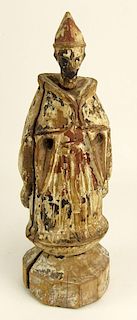 Old Carved Wood Saint/Priest Figure. Distressed Polychrome Patina