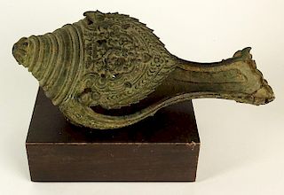 Ancient Bronze Pouring Vessel In Shell Motif on Stand, probably Roman