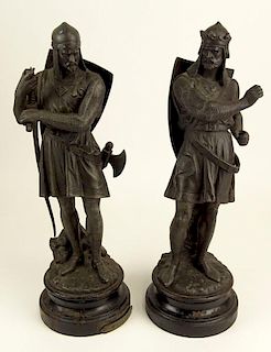 Pair of French Metal Medieval Knights Figurines on Wood Bases