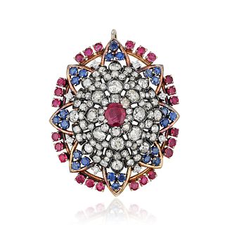 Antique Diamond Ruby and Sapphire Brooch/Pendant