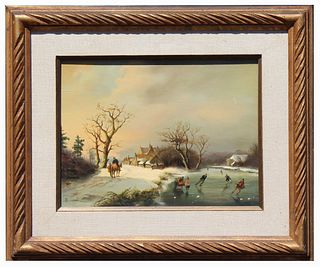 Dutch Winter Skating Scene with Figures, Signed