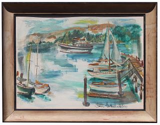 Signed 1957 American School Harbor Scene Painting