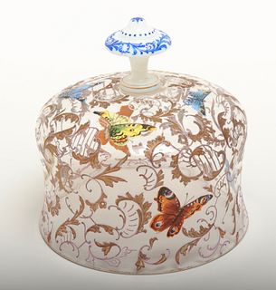 Moser Style Enameled Glass Dome w Butterflies