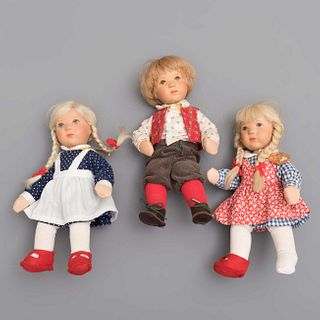 Lot of 3 dolls. Germany. 20th century. Käthe-Kruse. Made in synthetic and textile material. 9.4" (24 cm) maximum height