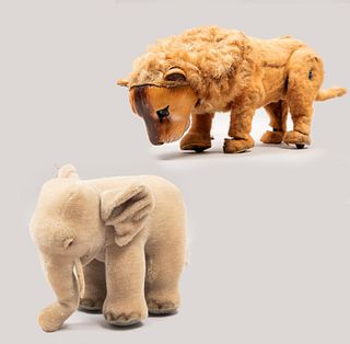 Lot of 2 animals, one automaton. 20th century. Made of plush and synthetic material. Consists of: elephant and lion.
