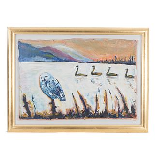 Unidentified signature. Owl and ducks. Signed. Oil on canvas. Framed in gilded wood. 17.7 x 25.9" (45 x 66 cm)