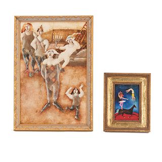 Lot of 2 pictorial works. Anonymous and Bilson. Acto circense y Personajes de circo. One signed and dated. '80. Acrylic and mixed technique.