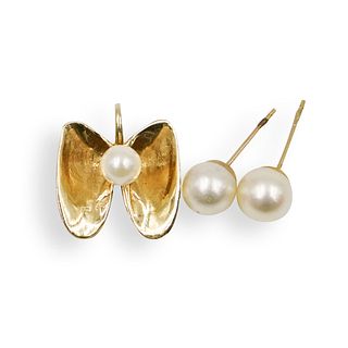 (3 Pc) 14k Gold and Pearl Jewelry Set