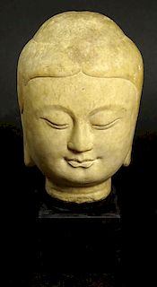 20th Century Asian Cast Plaster Buddha Head on Marble Base