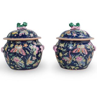 Pair of Chinese Blue Famille Rose Porcelain Urns