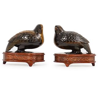 Pair Of Chinese Carved Tiger Eye Bird Boxes