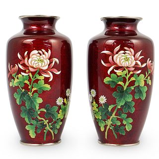 Pair of Japanese Red Floral Enameled Vases