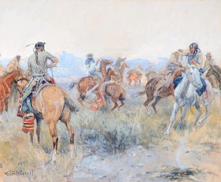 Charles M. Russell (1864-1926), As Cochrane and Pard Leaped Into Their Saddles, Cochrane Shot the Indian (1910)