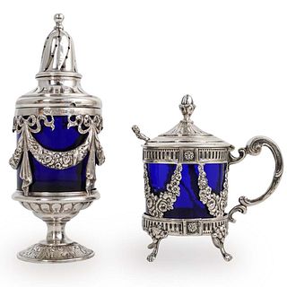(2 Pc) Silver and Cobalt Blue Glass Cellars