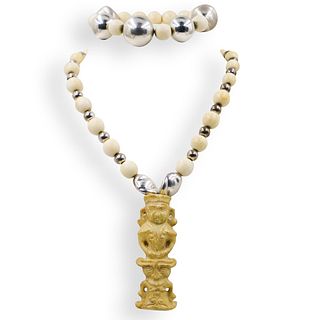 (2 Pc) Chinese Bone, Silver and Soapstone Jewelry