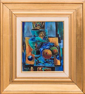Tony Agostini (Italian, 1916-1990) Les Fruits a L'etoffe Bleue, Oil on canvas,