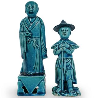 (2 Pc) Stamped Chinese Blue Glaze Porcelain Figurines