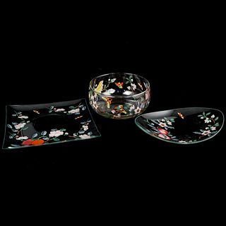 (3 Pc) French Floral Painted Glass Dishes