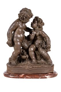 A French Painted Terra Cotta Figural Group of Amorous Putti