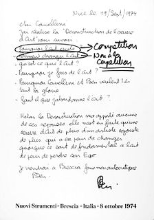 Vautier, Ben<br><br>Cher Cavellini j'ai réalise the "Deconstruction de l'oeuvre d’Art" ... Brescia, New Tools, 1974 (October), 69x47.5 cm.