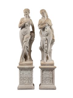 A Pair of Neoclassical Style Cast Stone Figures of Bacchic Maidens on Stands