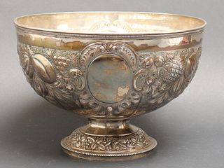 19th C. English Silver Repousse Punch Bowl, 1887