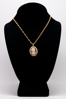 14K Yellow Gold Pearl & Cameo Pendant Necklace