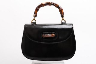 Gucci Black Leather & Bamboo Motif Handbag
