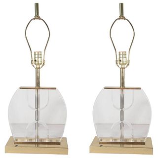 Modern Lucite & Brass Table Lamps, Pair