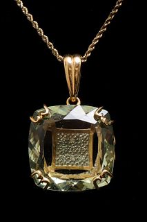 14K Yellow Gold Quartz & Diamond Pendant Necklace