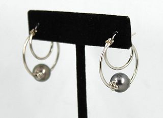 14K White Gold & Pearl Double Hoop Earrings