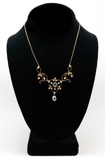 Edwardian 14K Yellow Gold Spinel & Pearl Necklace