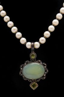 Vintage Silver, Agate, Peridot, & Pearl Necklace
